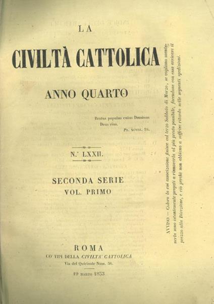 La Civiltà Cattolica 1853 - copertina