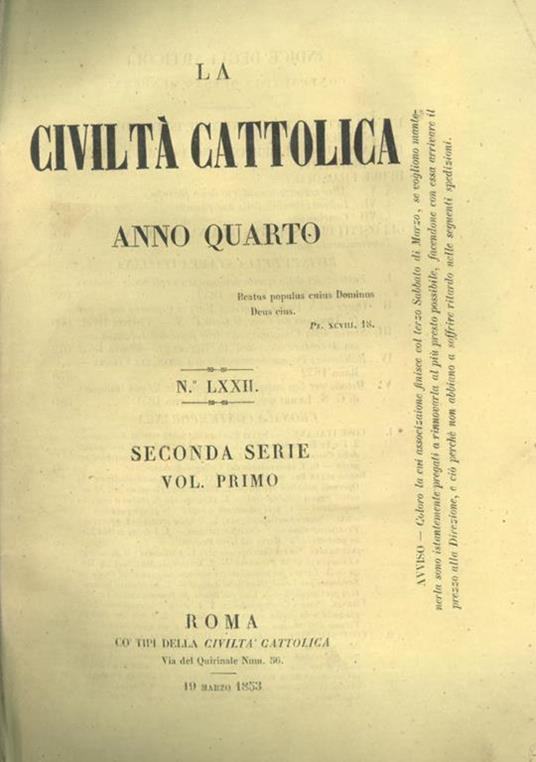 La Civiltà Cattolica 1853 - copertina