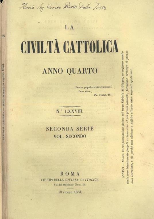 La Civiltà Cattolica 1853 - copertina