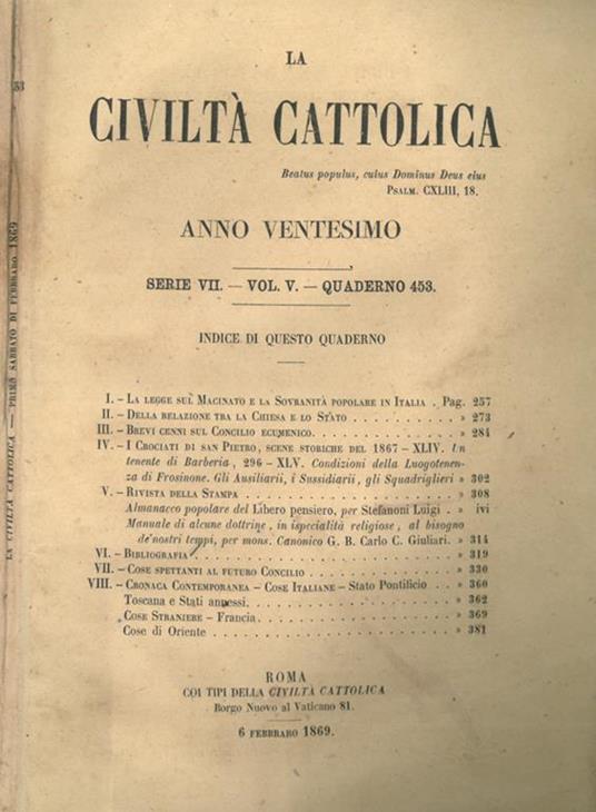La Civiltà Cattolica 1869 - copertina