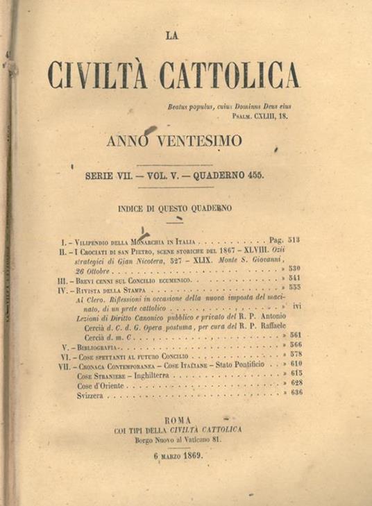 La Civiltà Cattolica 1869 - copertina