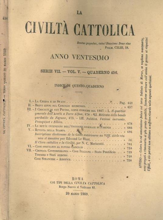 La Civiltà Cattolica 1869 - copertina