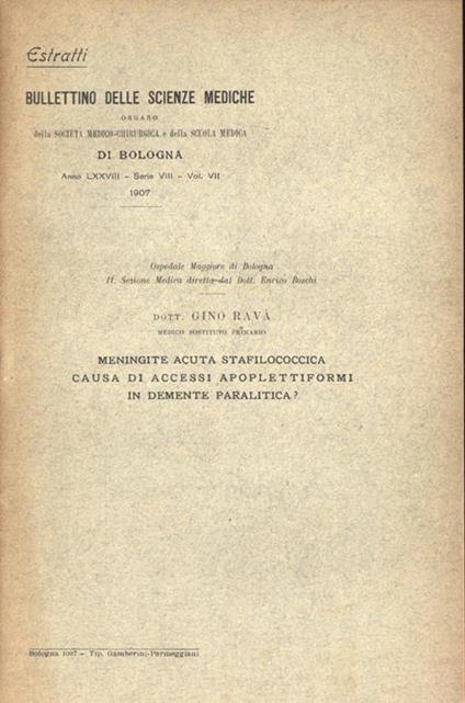 Meningite acuta stafilococcica causa di accessi apoplettiformi in demente paralitica? - Gino Ravà - copertina