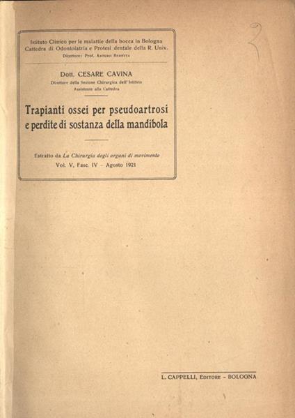 Trapianti ossei per pseudoartrosi e perdite di sostanza della mandibola - Cesare Cavina - copertina