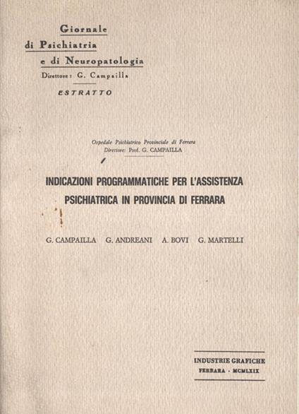 Indicazioni programmatiche per l' assistenza psichiatrica in provincia di Ferrara - copertina