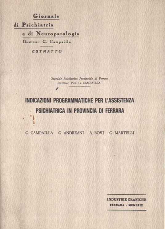 Indicazioni programmatiche per l' assistenza psichiatrica in provincia di Ferrara - copertina