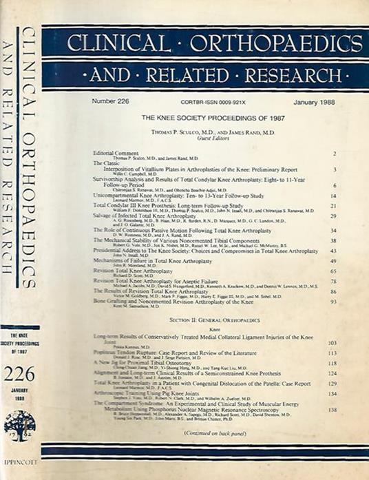 Clinical Orthopaedics and Related Research n. 226 - The Knee Society Proceedings of 1987 - copertina