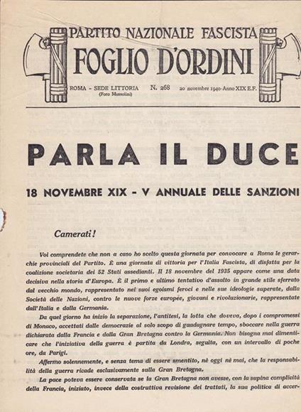 Partito Nazionale Fascista Foglio d'ordini Roma - Sede Littoria N. 268 - 20 novembre 1940 - Anno XIX E.F. - Parla il Duce 18 novembre XIX - V Annuale delle sanzioni - copertina