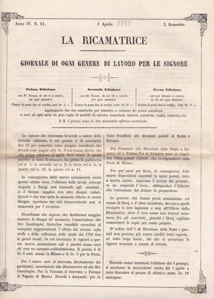 La ricamatrice. Giornale di ogni genere di lavoro (...). 1 Aprile 1851 - copertina