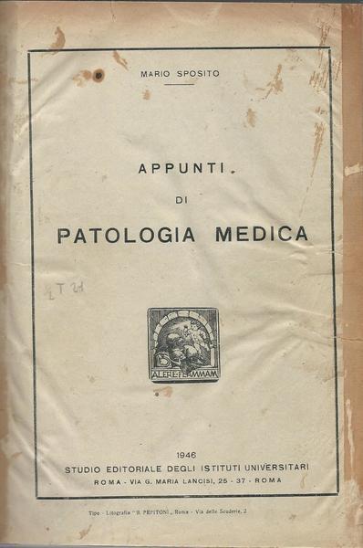 Appunti Di Patologia Medica - Mario Sposito - copertina