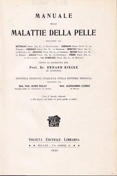 Manuale delle malattie della pelle - Ehrard Riecke - copertina
