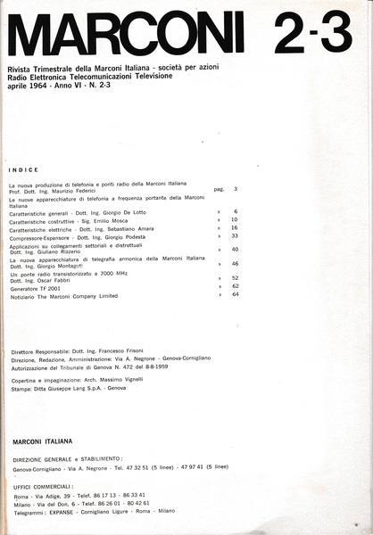 Marconi. Rivista trimestrale della Marconi Italiana. Anno VI n.2-3 Aprile 1964 - copertina