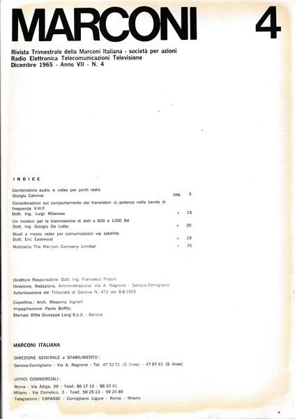 Marconi. Rivista trimestrale della Marconi Italiana. Anno VII n. 4 Dicembre 1965
