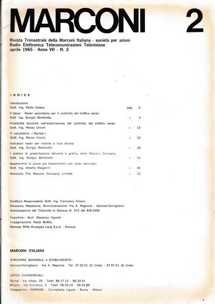 Marconi. Rivista trimestrale della Marconi Italiana. Anno VII n.2 Aprile 1965