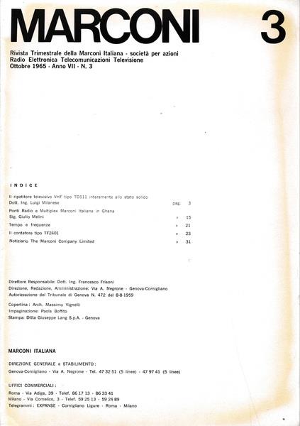 Marconi. Rivista trimestrale della Marconi Italiana. Anno VII n.3 Ottobre 1965