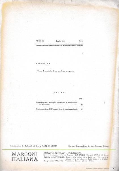 Rivista dei prodotti Marconi Italiana. Anno III - N. 3 Luglio 1961 - copertina