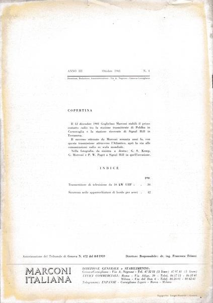 Rivista dei prodotti Marconi Italiana. Anno III. N. 4 Ottobre 1961 - copertina
