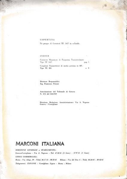 Rivista dei prodotti Marconi Italiana. Anno IV - N. 1-2 Settembre 1962 - copertina