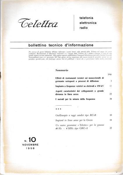 Telettra. Bollettino tecnico d'informazione. N. 10 - Nov. 1958 - copertina