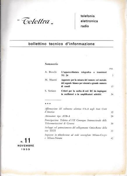Telettra. Bollettino tecnico d'informazione. N. 11. Nov. 1959