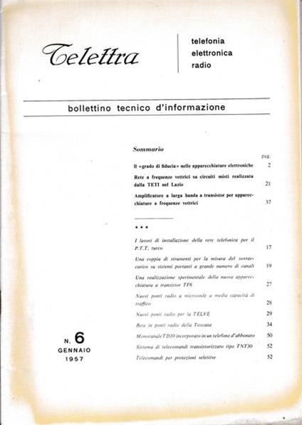 Telettra. Bollettino tecnico d'informazione. N. 6 - Gen. 1957 - copertina