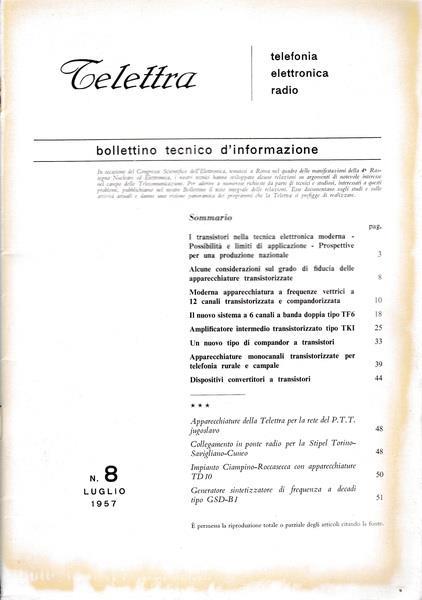 Telettra. Bollettino tecnico d'informazione. N. 8 - Lug. 1957 - copertina
