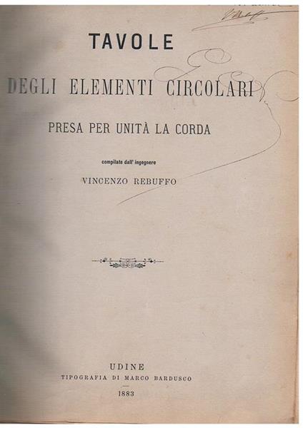 Tavole degli elementi circolari presa per unità la corda - Vincenzo Rebuffo - copertina