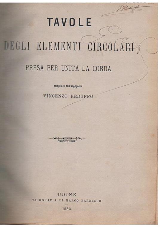 Tavole degli elementi circolari presa per unità la corda - Vincenzo Rebuffo - copertina