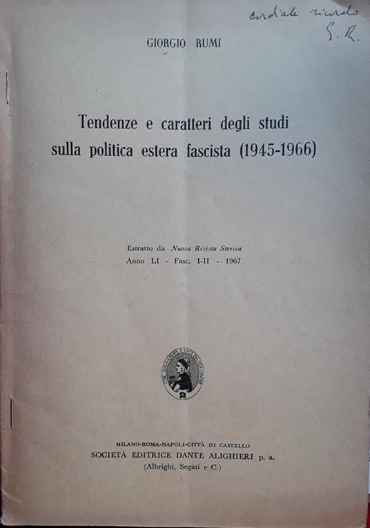 Tendenze e caratteri degli studi sulla politica estera fascista 1945 - 1966 - Giorgio Rumi - copertina
