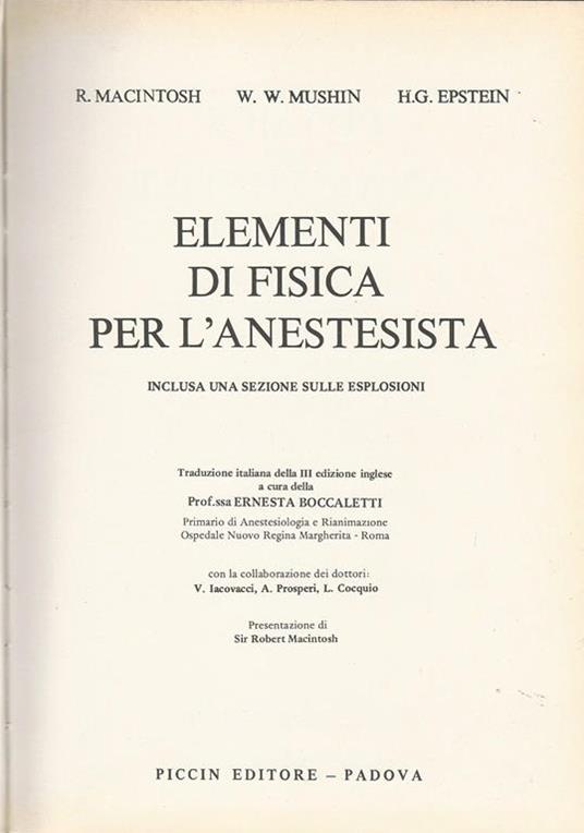 Elementi di fisica per l'anestesista - R. Macintosh,William W. Mushin,H. G. Epstein - copertina