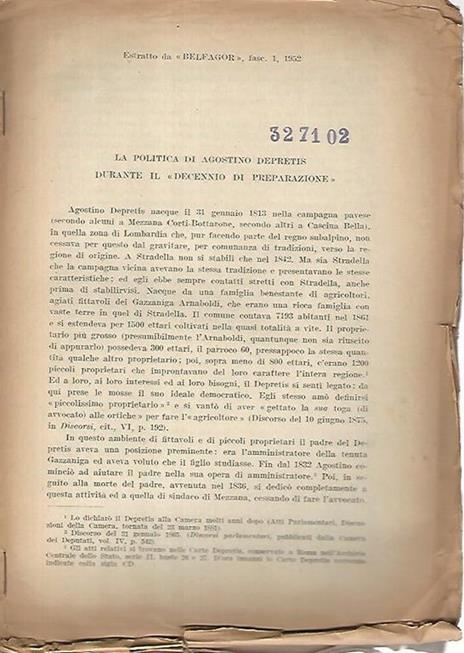 Estratto da Belfagor,fascicolo 1 1952. La politica di Agostino Depretis durante il decennio di preparazione - copertina