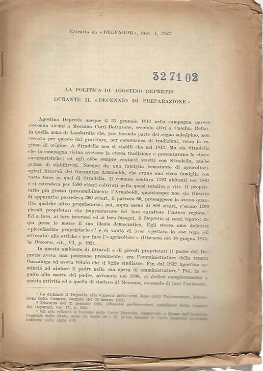 Estratto da Belfagor,fascicolo 1 1952. La politica di Agostino Depretis durante il decennio di preparazione - copertina