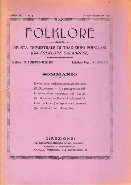 Folklore. Rivista trimestrale di tradizioni popolari. Anno XII n. 4 Ott.- Dic. 1928 - copertina