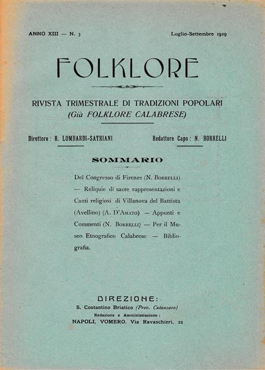 Folklore. Rivista trimestrale di tradizioni popolari. Anno XIII n. 3 Lugl. - Sett. 1929 - copertina