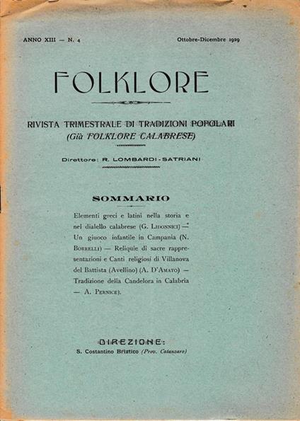 Folklore. Rivista trimestrale di tradizioni popolari. Anno XIII n. 48 Ott.- Dic. 1929 - copertina