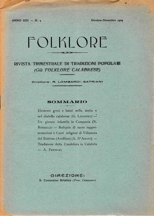 Folklore. Rivista trimestrale di tradizioni popolari. Anno XIII n. 48 Ott.- Dic. 1929 - copertina