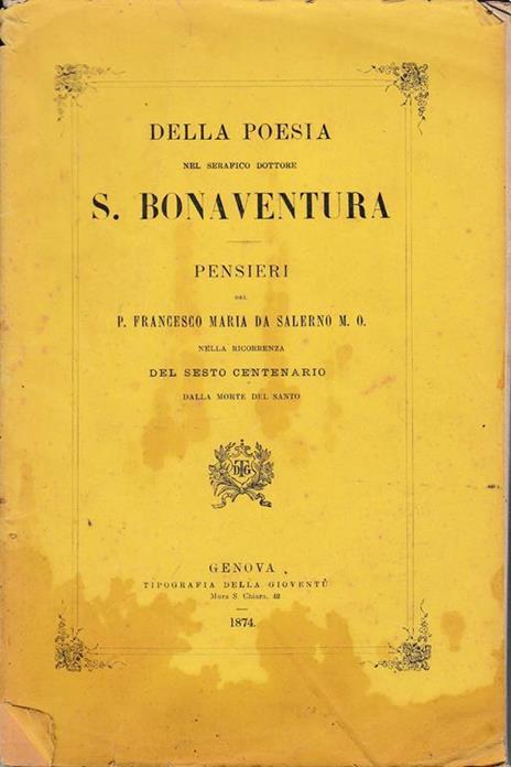 Della poesia nel serafico dottore S. Bonaventura - Pensieri Del P. Francesco Maria Da Salerno M. O. - copertina