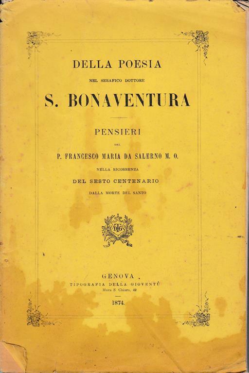 Della poesia nel serafico dottore S. Bonaventura - Pensieri Del P. Francesco Maria Da Salerno M. O. - copertina