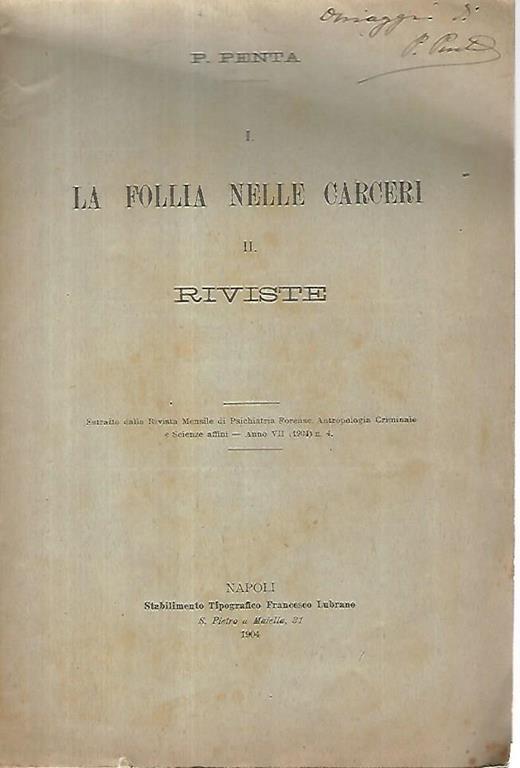 La follia nelle carceri. Riviste - P. Penta - copertina