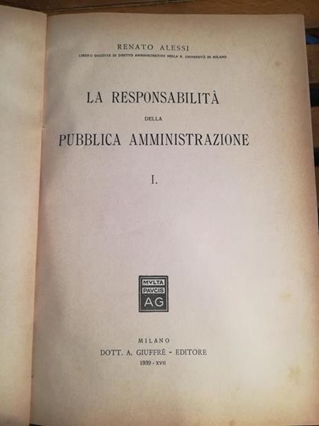 La responsabilità della pubblica amministrazione. I - Renato Alessi - copertina
