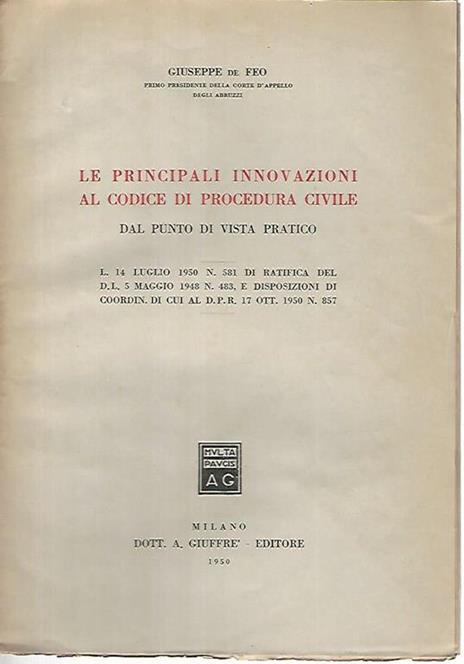 Le principali innovazioni al codice di procedura civile - Giuseppe De Feo - copertina