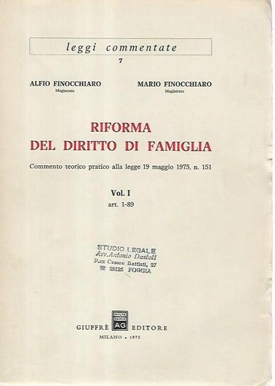 Riforma del diritto di famiglia. Volumi I-II Tomo I-II- III - Alfio Finocchiaro - copertina