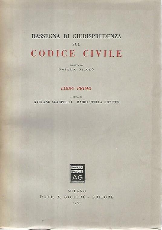 Rassegna di giurisprudenza sul codice civile. Libro primo - Rosario Nicolò - copertina