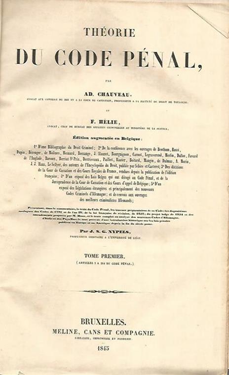 Theorie du code penale. Volume 1 - Adolphe Chauveau - copertina