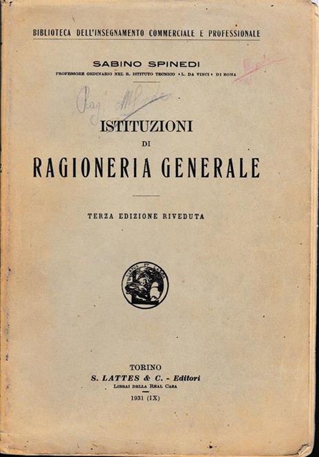 Istituzioni di ragioneria generale - Sabino Spinedi - copertina