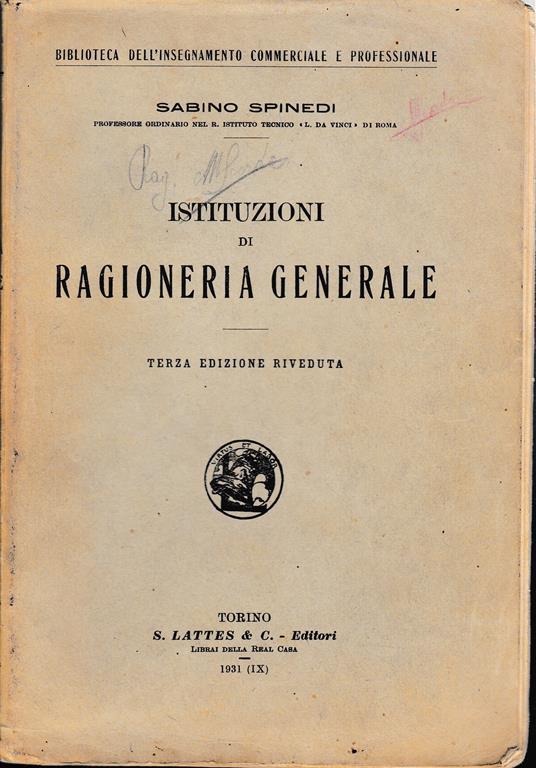 Istituzioni di ragioneria generale - Sabino Spinedi - copertina