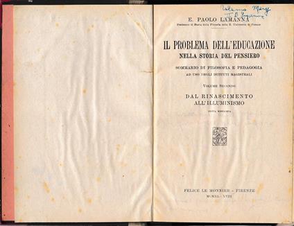 Il problema dell'educazione nella storia del pensiero. vol. 2° Dal Rinascimento all’Illuminismo - Lamanna - copertina