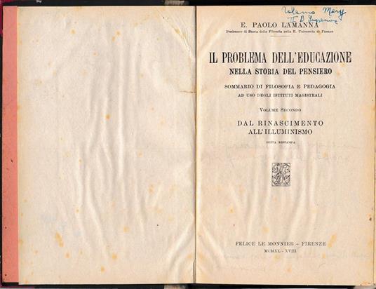 Il problema dell'educazione nella storia del pensiero. vol. 2° Dal Rinascimento all’Illuminismo - Lamanna - copertina