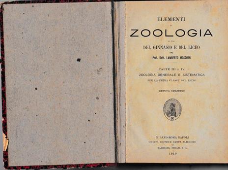 Elementi di Zoologia ad uso del ginnasio e del liceo - Lamberto Moschen - copertina