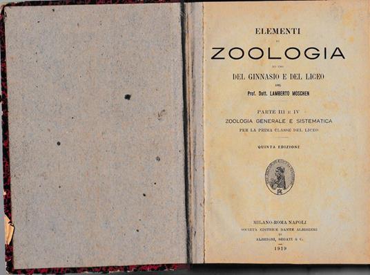 Elementi di Zoologia ad uso del ginnasio e del liceo - Lamberto Moschen - copertina